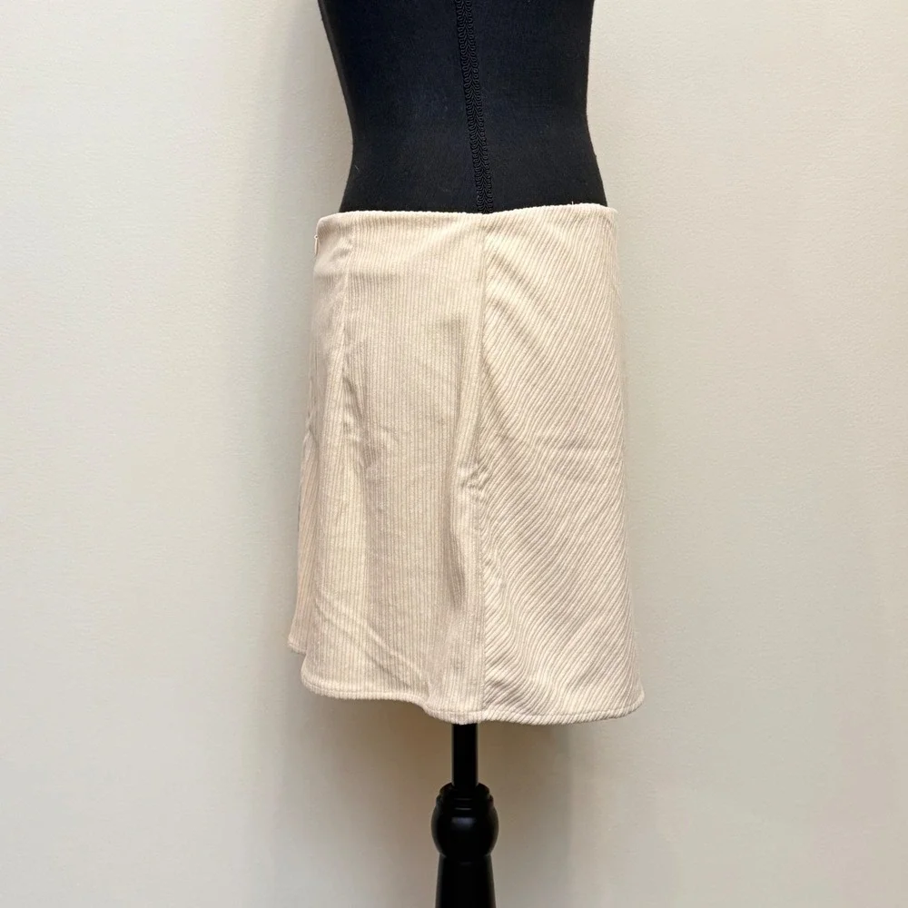 NEW Cupshe Corduroy Mini Skirt Cream Beige Ribbed Faux Wrap Women L Beach Casual